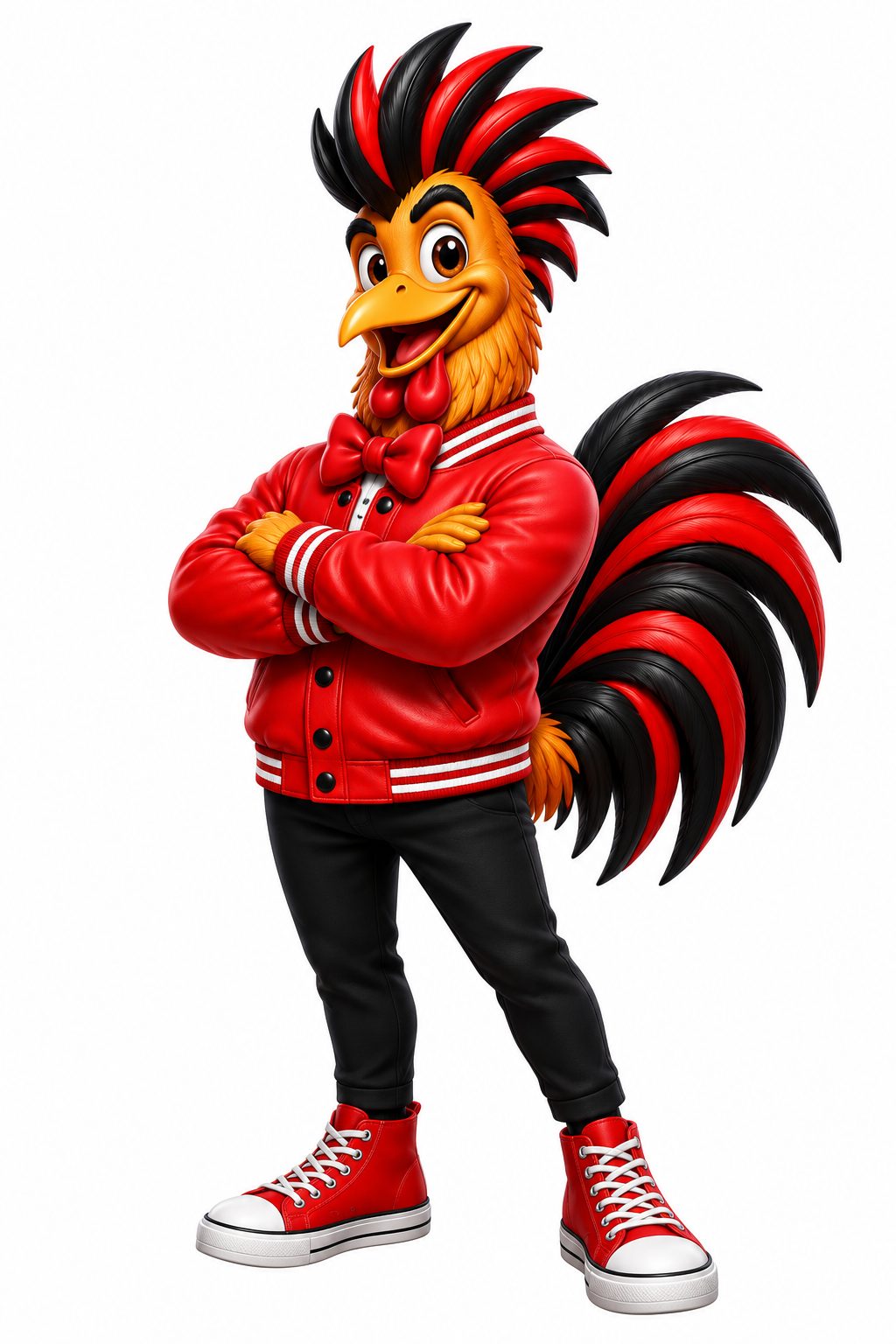 M2GO rooster mascot with arms crossed