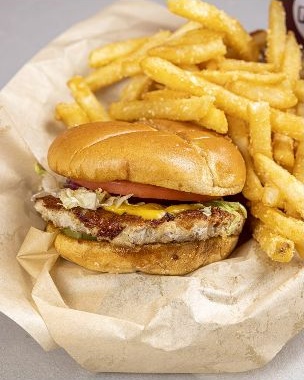 M2GO chicken burger with fries