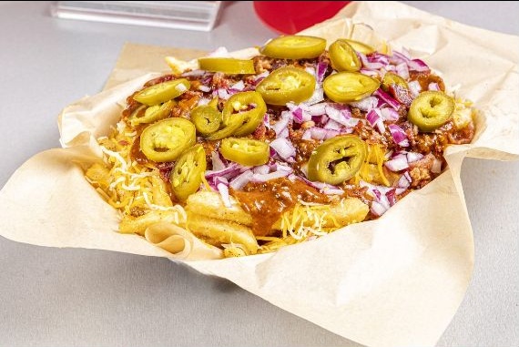 M2GO loaded fries with chili, cheese, onion and jalapeño